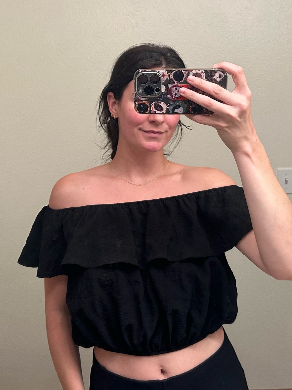 Kimchi Blue Off-Shoulder Black Ruffle Crop Top